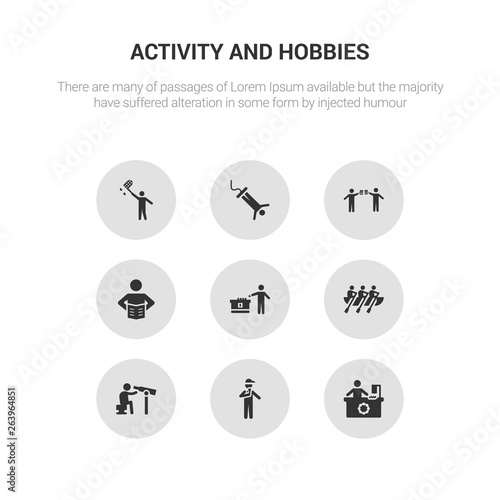 9 round vector icons such as bead, beatboxing, bird watching, boat race, boggle contains boy reading, brewing, bungee jumping, butterfly catcher. bead, beatboxing, icon3_, gray activity and hobbies