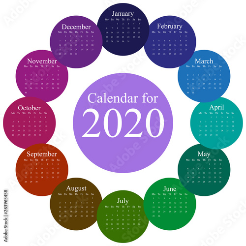 Round calendar for 2020, English language. The week starts on Monday.