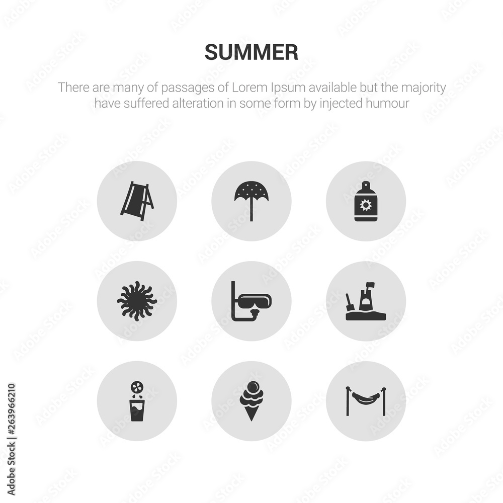 9 round vector icons such as hammock, ice cream, juice, sand castle, snorkel contains sun, sun cream, sun umbrella, sunbed. hammock, ice cream, icon3_, gray summer icons