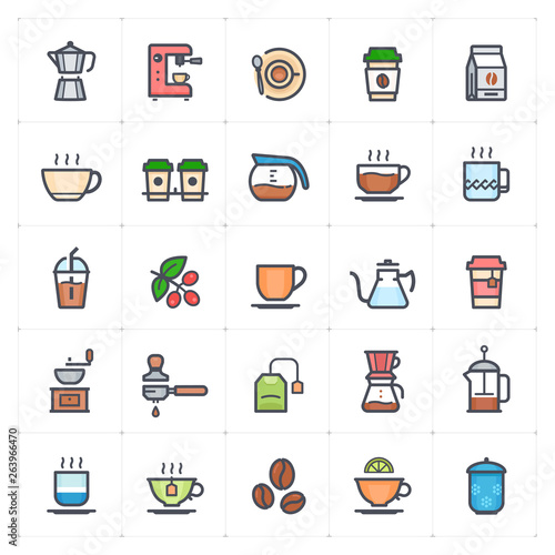Icon set - coffee and tea outline stroke color vector illustration on white background