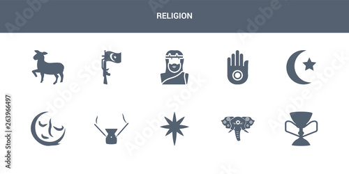 10 religion vector icons such as holy chalice, holy elephant, holy star, incense, indulgence contains islam, jainism, jesus, jihad, lamb. religion icons