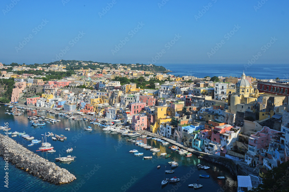 View of the island of Procida in Italy, with its colorful houses