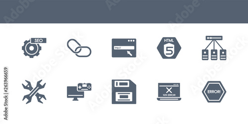 10 seo vector icons such as error, error 404, floppy disk, game development, hardware contains hosting, html5, http, hyperlink, image seo. seo icons