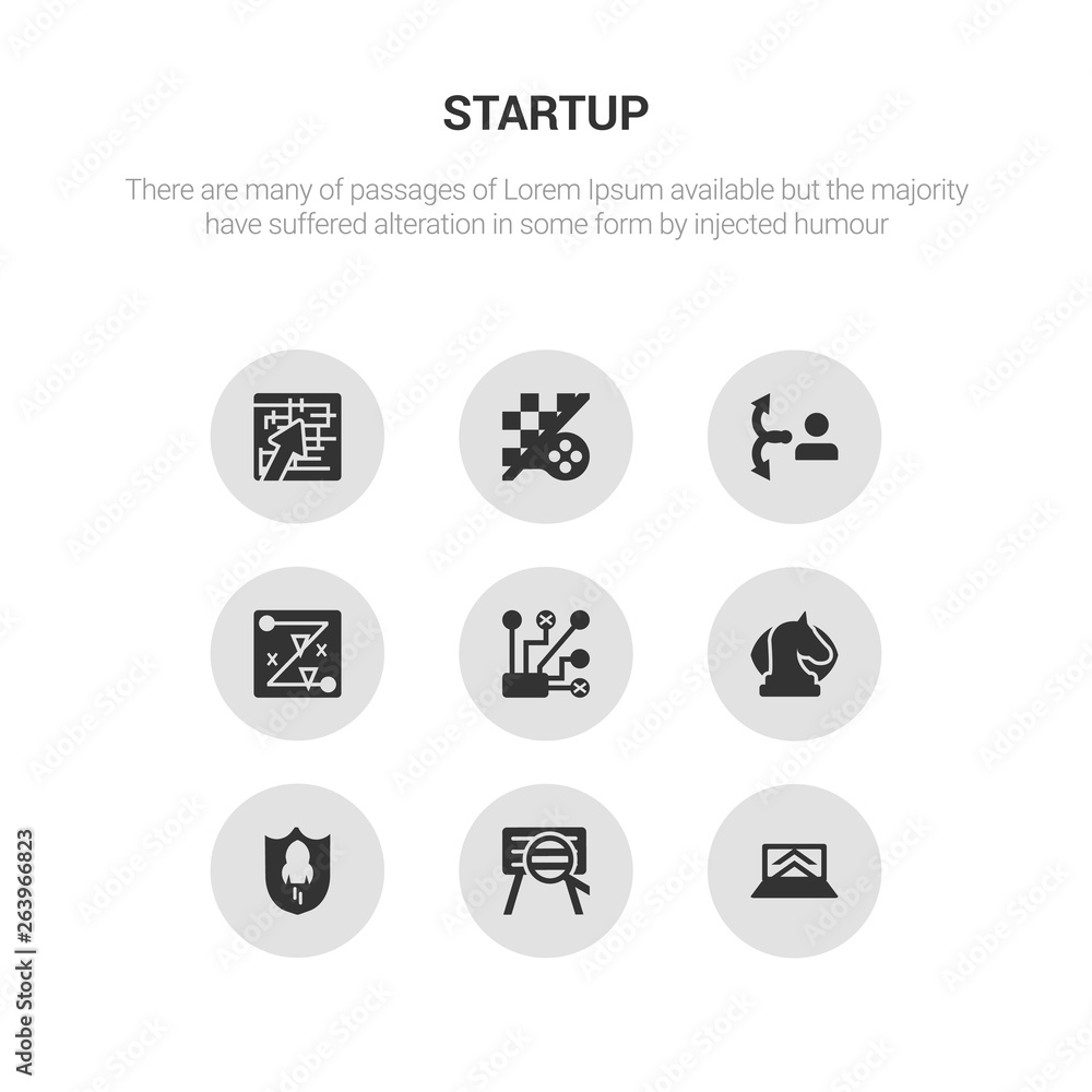 9 round vector icons such as startup laptop, startup project search, startup shield, strategic vision, strategical planning contains strategy, strategy choice, strategy game, in a labyrinth. laptop,