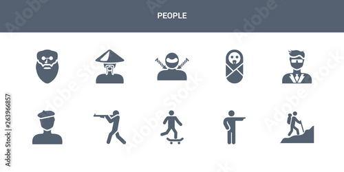 10 people vector icons such as man in hike, man pointing, man riding skateboarding, shooting, with beret contains manager face, newborn, ninja face, old chinese oldman face. people icons