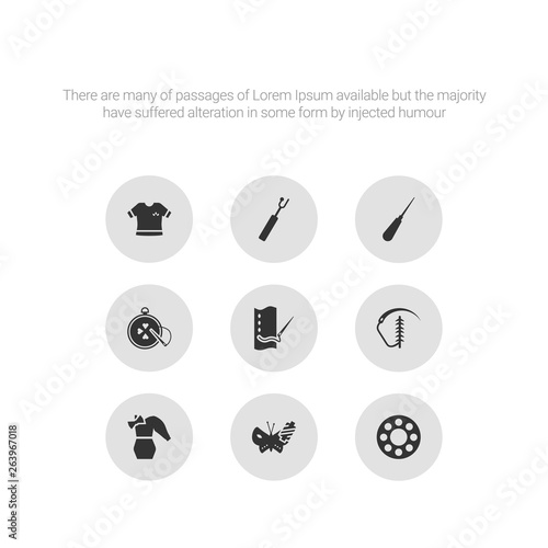9 round vector icons such as bobbin, silk, styling, suture, running stitch contains needlepoint, awl, buttonhole, garment. bobbin, silk, icon3_, gray sew icons