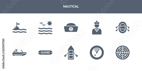 10 nautical vector icons such as radar, radar detection, raft, rescue tube, roofless speed boat contains rubber raft, sailor, sailor cap, sea, sea flag. nautical icons