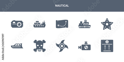 10 nautical vector icons such as sea package, ship engine, ship engine propeller, skull and bones, speed boat contains starfish with dots, tanker ship, treasure map, vessel, water resist camera.