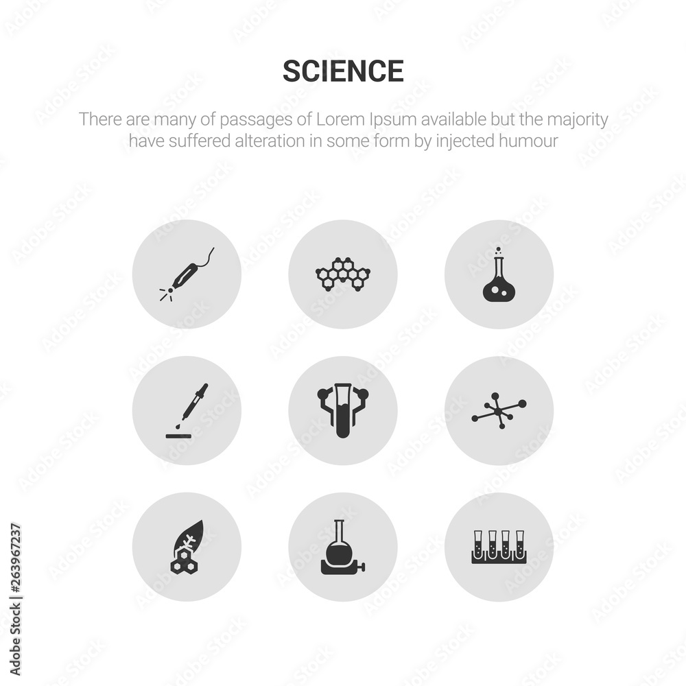 9 round vector icons such as tubes, volumetric flask, biology, cells, chemistry contains dropper, flask, formula, laser. tubes, volumetric flask, icon3_, gray science icons