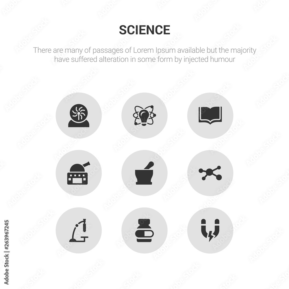 9 round vector icons such as magnet, medicine, microscope, molecule, mortar contains observatory, open book, physics, plasma ball. magnet, medicine, icon3_, gray science icons
