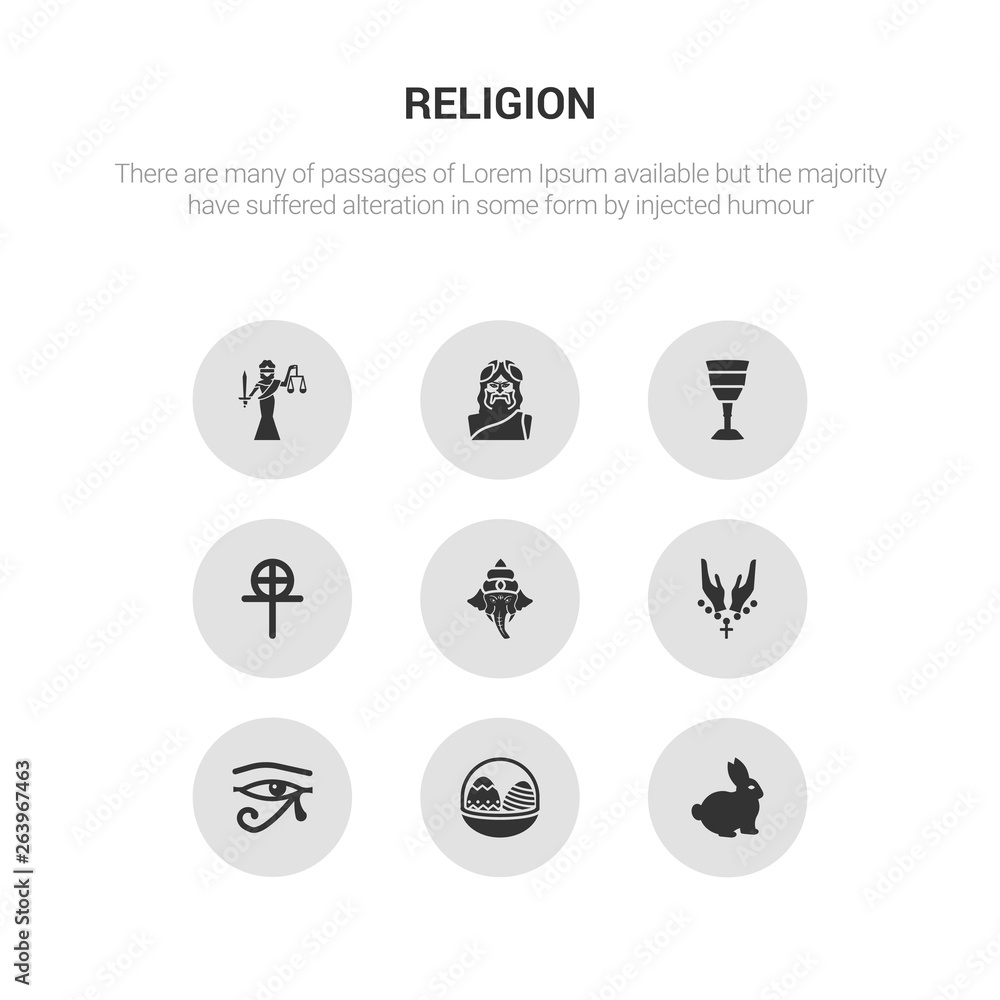 9 round vector icons such as easter bunny, easter eggs, eye of ra, faith, ganesha contains gnosticism, goblet, god, goddess. easter bunny, eggs, icon3_, gray religion icons