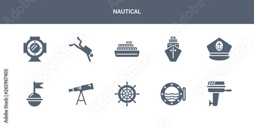 10 nautical vector icons such as boat engine, boat porthole, boat steering wheel, telescope, buoy contains captain hat, cargo ship front view, cruise ship, diver, diving helmet. nautical icons