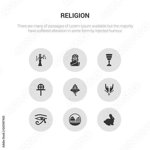 9 round vector icons such as easter bunny, easter eggs, eye of ra, faith, ganesha contains gnosticism, goblet, god, goddess. easter bunny, eggs, icon3_, gray religion icons