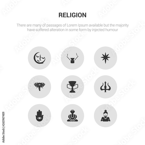 9 round vector icons such as gospel, great buddha, hamsa, hinduism, holy chalice contains holy elephant, holy star, incense, indulgence. gospel, great buddha, icon3_, gray religion icons