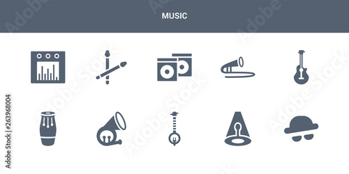 10 music vector icons such as s, music spotlight, banjo, french horn, conga contains acoustic guitar, trombone, album, drumsticks, sound bars. music icons