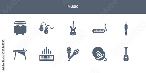 10 music vector icons such as ukelele, cymbal, maraca, organ, marimba contains jack connector, melodica, bass guitar, castanets, bongo. music icons