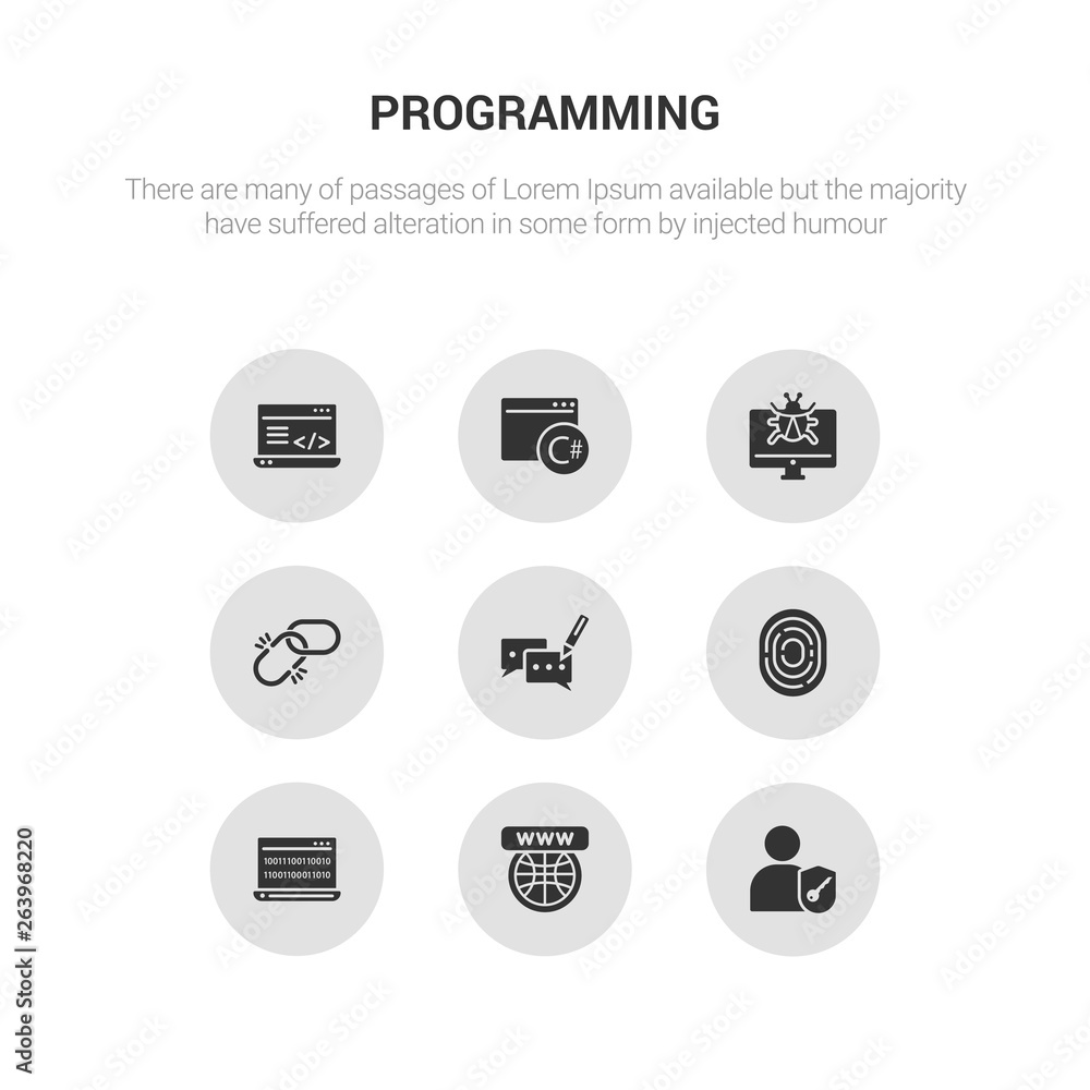 9 round vector icons such as authorize, website, binary code, biometric identification, blogging contains broken link, bug report, c sharp, clean code. authorize, website, icon3_, gray programming 9 round vector icons such as authorize, website, binary code, biometric identification, blogging contains broken link, bug report, c sharp, clean code. authorize, website, icon3_, gray programming