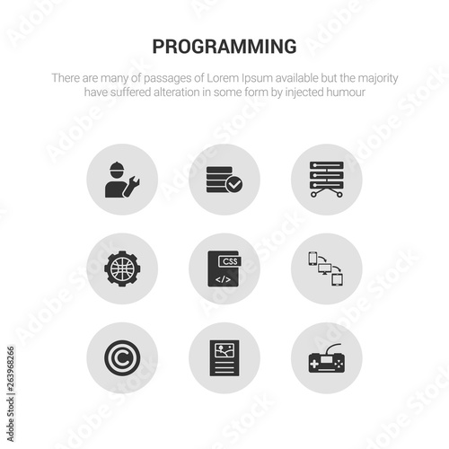 9 round vector icons such as console, content, copyright, cross-platform, css contains cyberspace, data storage, database, developer. console, content, icon3_, gray programming icons