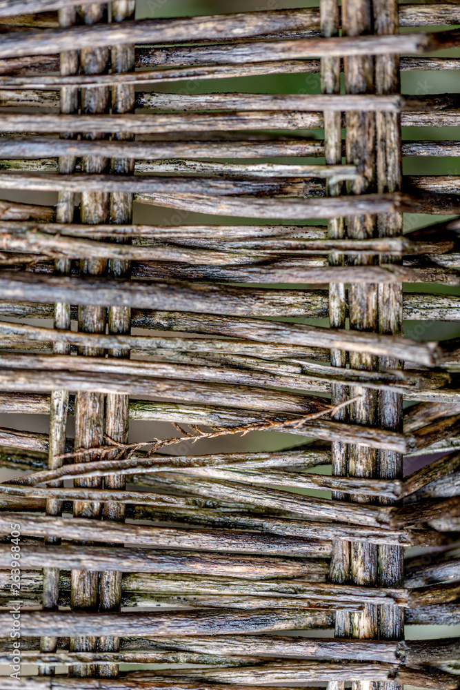 Gray wet texture weave an old surface of a furniture. Blurry backdrop of a vintage.  Background fragment of an old wicker chair made of wood twigs. Soft focus. Closeup.