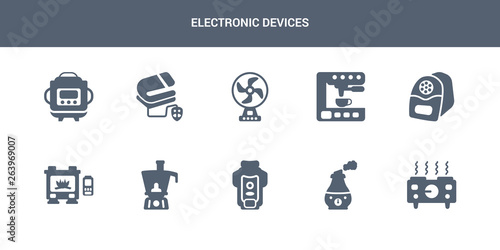 10 electronic devices vector icons such as hot plate, humidifier, garbage disposal, food processor, furnace contains electric pencil sharpener, espresso maker, electric fan, electric blanket,