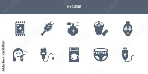 10 hygiene vector icons such as depilator, diaper, dryer, electric razor, face cleanser contains face mask, foam, fragance, hand mirror, handkerchief. hygiene icons