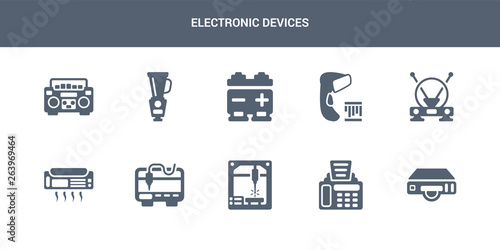 10 electronic devices vector icons such as dvd player, fax machine, laser machine, 3d printer, air conditioner contains antenna, barcode scanner, battery, blender, boombox. electronic devices icons
