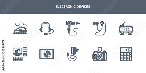 10 electronic devices vector icons such as calculator, camera, charger, compact disc, computer contains digital clock, earphones, hairdryer, headphones, iron. electronic devices icons