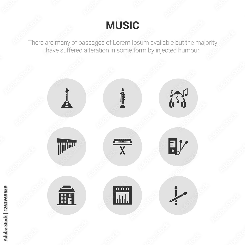 9 round vector icons such as drumsticks, sound bars, music store, playlist, synthesizer contains chimes, music note, clarinet, balalaika. drumsticks, sound bars, icon3_, gray music icons