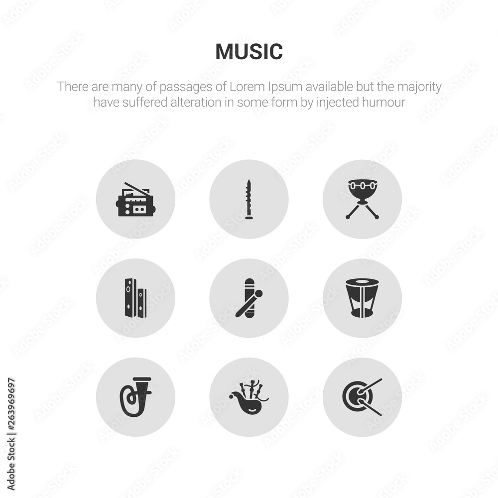 9 round vector icons such as drumstick, bagpipes, tuba, timpani, clave contains diapason, kettledrum, oboe, radio cassette. drumstick, bagpipes, icon3_, gray music icons