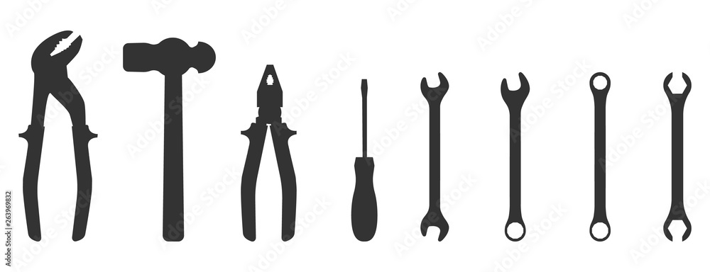 Set of silhouette icons of tools. Wrench, screwdriver, pliers, hammer. Workshop, mechanic, repair service logo template. Clean and modern vector illustration. Set of silhouette icons of tools. Wrench, screwdriver, pliers, hammer. Workshop, mechanic, repair service logo template. Clean and modern vector illustration.