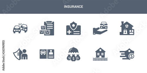 10 insurance vector icons such as insurance of a shield with dollar, inundation, investment insurance, license, life contains locked padlock luggage medical moving overturned car. icons