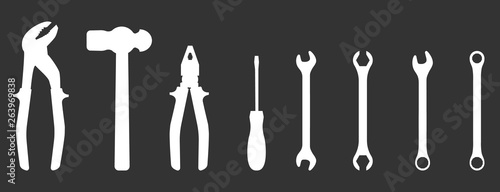 Set of silhouette icons of tools. Wrench, screwdriver, pliers, hammer. Workshop, mechanic, repair service logo template. Clean and modern vector illustration.