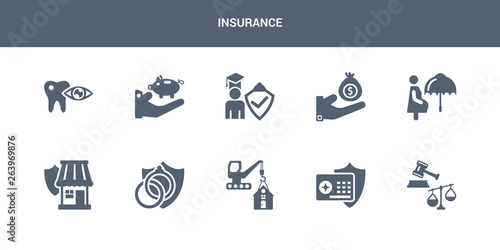 10 insurance vector icons such as legal expenses, bank safe, construction risk, marriage contract, small business insurance contains pregnancy insurance, money education deposit dental icons
