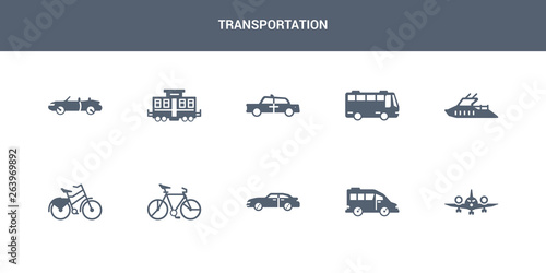10 transportation vector icons such as aeroplane, airport shuttle, automobile, bicycle, bike contains boat, bus, cab, caboose, cabriolet. transportation icons