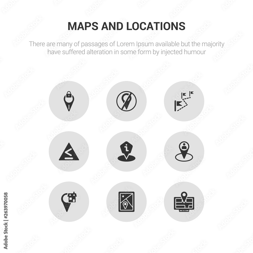 9 round vector icons such as globe, gps device, gps location, home location, human location contains information point pin, left chevron, off. globe, gps device, icon3_, gray maps and locations