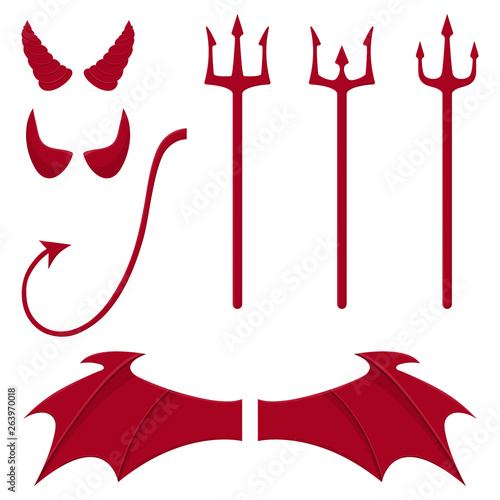 Set of devil elements isolated on white background. Red horns, tridents, wings, tail. Clean and modern vector illustration for design, web.