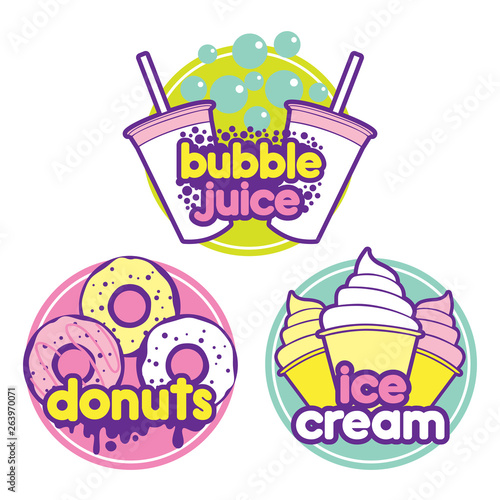 Vector illustration. Set of cute and fun ice cream stickers  badges  icons of donuts  ice cream  bubble juice.