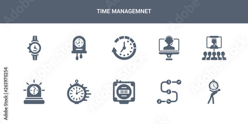 10 time managemnet vector icons such as time pressure, timeline, timer, timing, urgent contains video conference, videocall, waiting, wall clock, watch. time managemnet icons