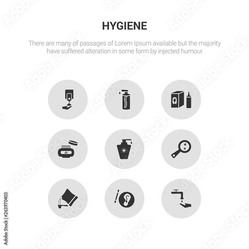 9 round vector icons such as scrub up, varnish, detergent dose, parasite, lotion contains face cream, hair tonic, pump bottle, soap dispenser. scrub up, varnish, icon3_, gray hygiene icons