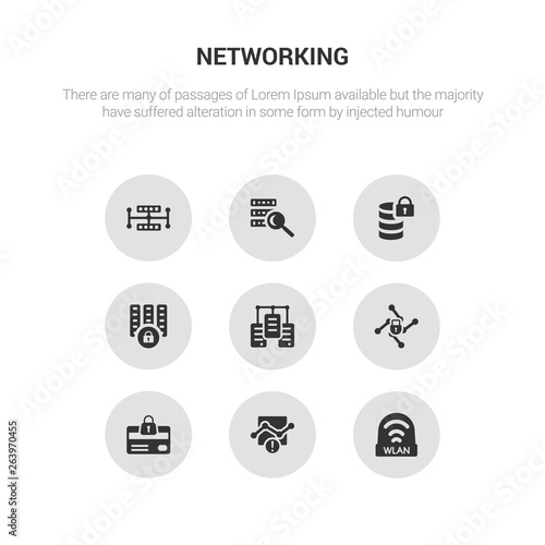 9 round vector icons such as wlan, connection error, cit card security, cyber security, data center contains data locked, data protection, search, share. wlan, connection error, icon3_, gray