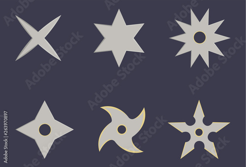 Set of shuriken icons. Ninja weapon. Samurai equipment. Cartoon style. Clean and modern vector illustration for design  web.