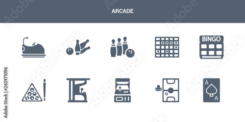 10 arcade vector icons such as ace of spades, air hockey, arcade, arcade game, billiards contains bingo, board games, bowling, bowling pins, bumper car. icons