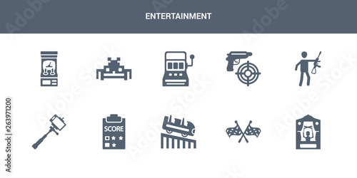 10 entertainment vector icons such as puppet show, racing, roller coaster, score, selfie stick contains shooter, shooting game, slot machine, space invaders, speedometer. entertainment icons