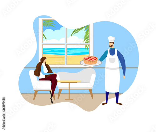 Baker in Toque and Apron Bringing Cake to Girl.