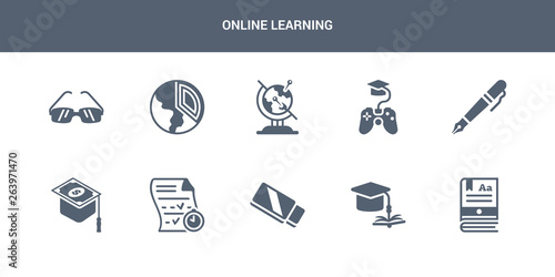 10 online learning vector icons such as ebook, education, eraser, exam, scholarship contains fountain pen, game-based learning, geography, geology, glasses. online learning icons