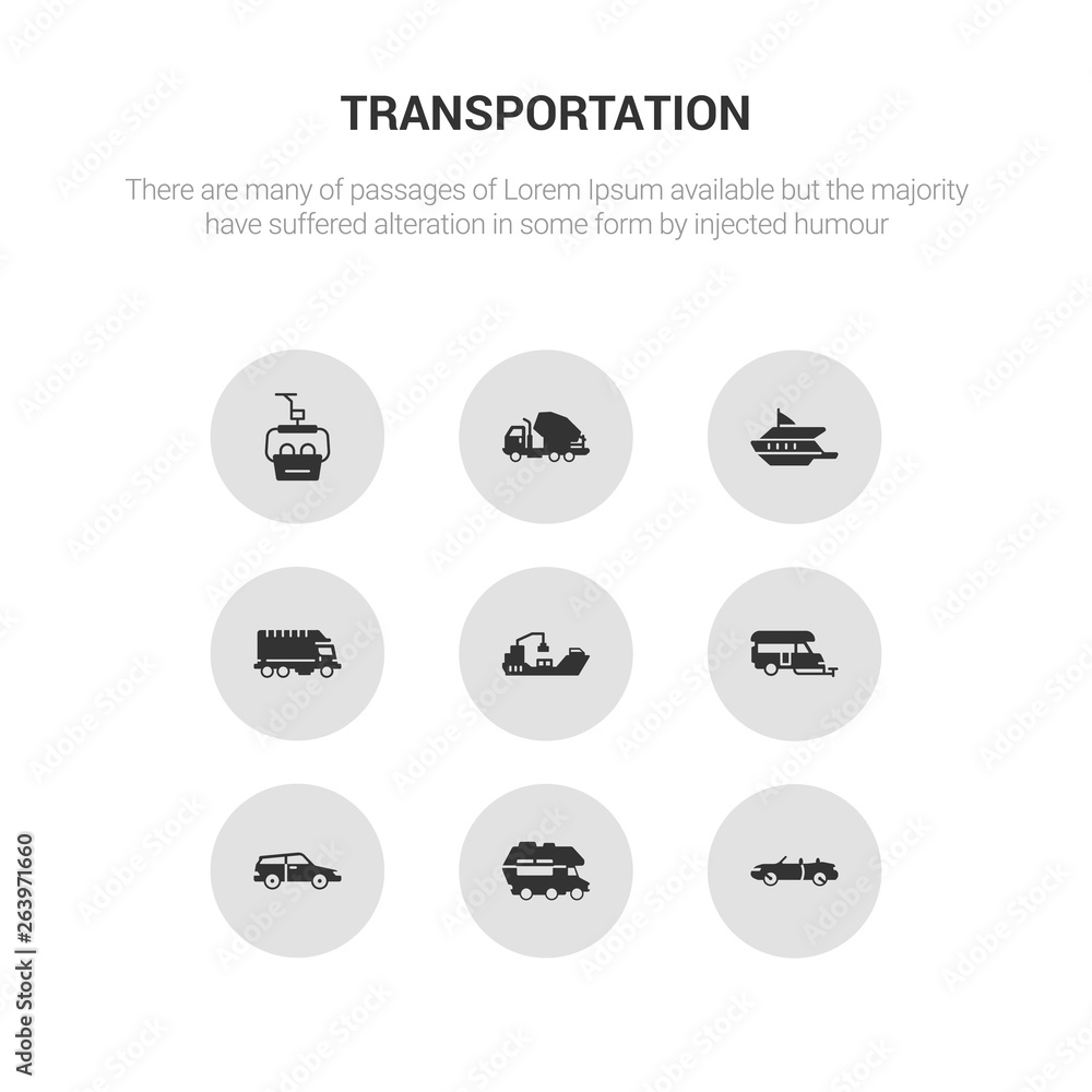 9 round vector icons such as cabriolet, camper car, car, caravan, cargo ship contains cargo truck, catamaran, cement truck, chairlift. cabriolet, camper car, icon3_, gray transportation icons