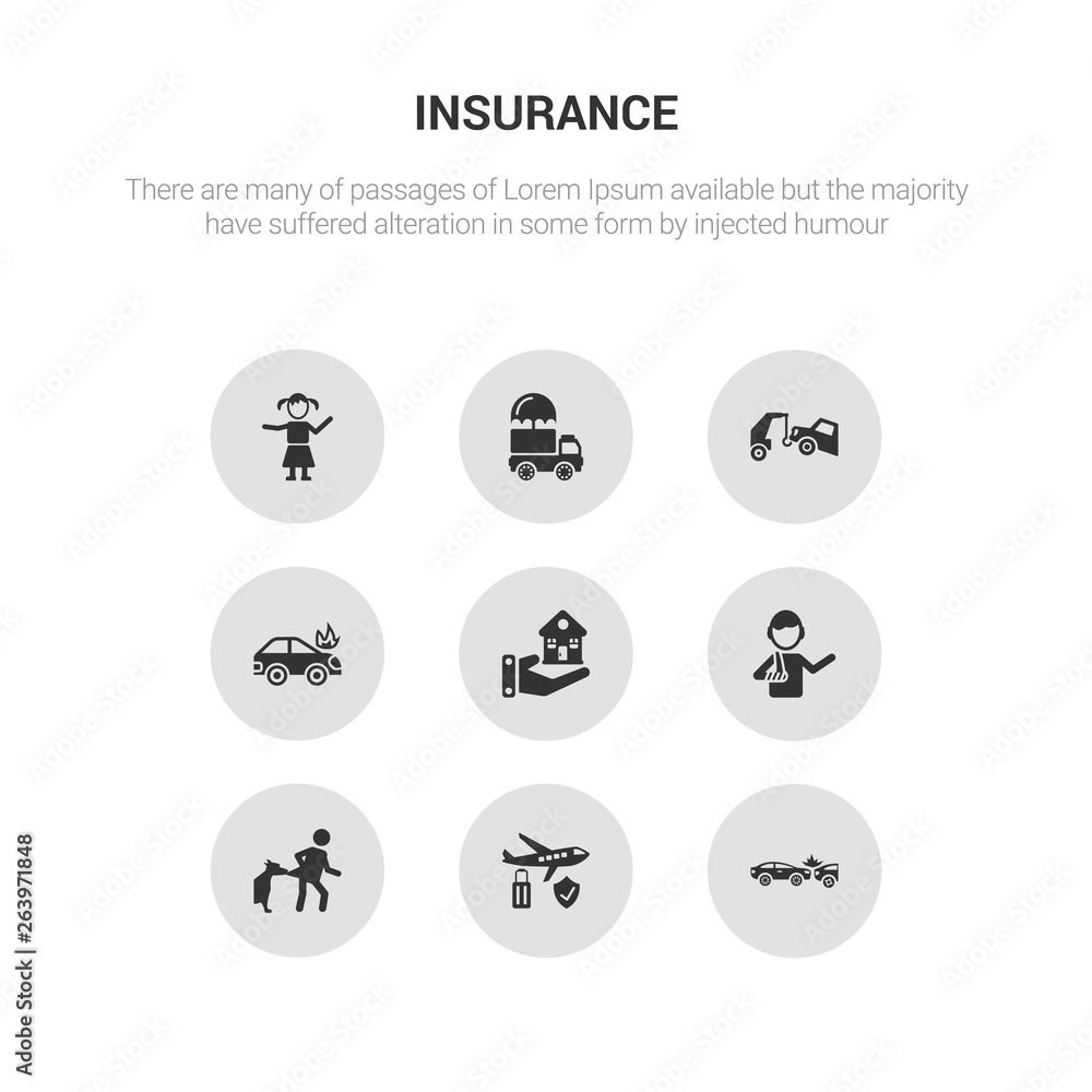 9 round vector icons such as accident, air travel insurance, bite, broken arm, building insurance contains burning car, car insurance, cargo child. accident, air travel icon3_, gray icons