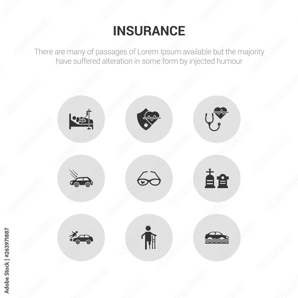 9 round vector icons such as flood risk, fracture, frontal crash, funeral, glasses insurance contains hail on the car, health insurance, heart insurance, hospitalization. flood risk, fracture,