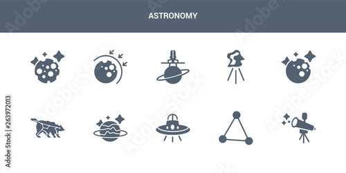 10 astronomy vector icons such as telescope, triangulam australe, ufo, uranus, ursa major contains venus, aerolite, aerospace, aerosphere, moon. astronomy icons