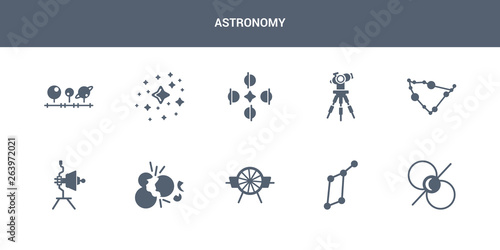 10 astronomy vector icons such as pulsar, lyra constellation, airscrew, big bang, voyager contains capricorn, reflector, solstice, star cluster, magnitude. astronomy icons
